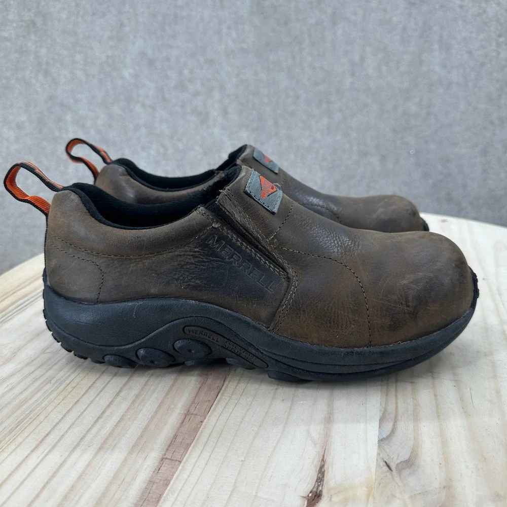 Merrell Jungle Moc Work Shoes Mens 7 Brown Leather Composite Toe Slip On